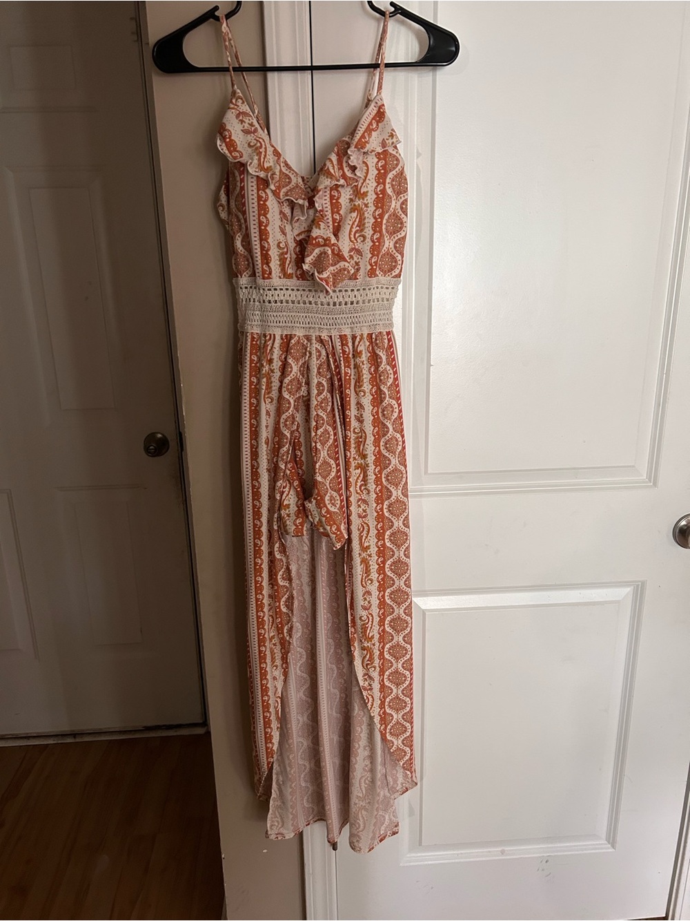 No Boundaries Rust and Cream Paisley High-Low Shorts Romper with Crochet Waist
